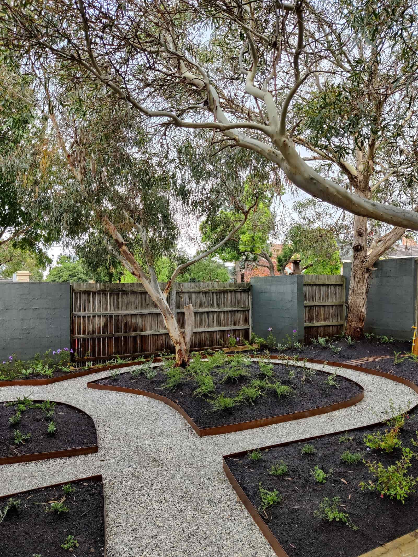 New garden bed design with rusted steel edging and gravel pathways